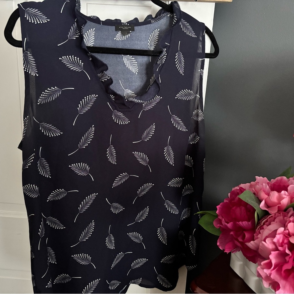 Ann Taylor Blue Ruffled Sleeveless Blouse